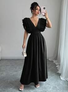 Elenzga 女士纯色 V 领优雅长裙，简约时尚，适合夏季