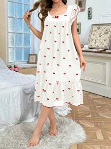 CottageSlumber Women's Ruffled Layered Cap Sleeve Cherry Print Nightgown Babydoll Holiday Season, Cozy And Elegant Details - Red - View 3
