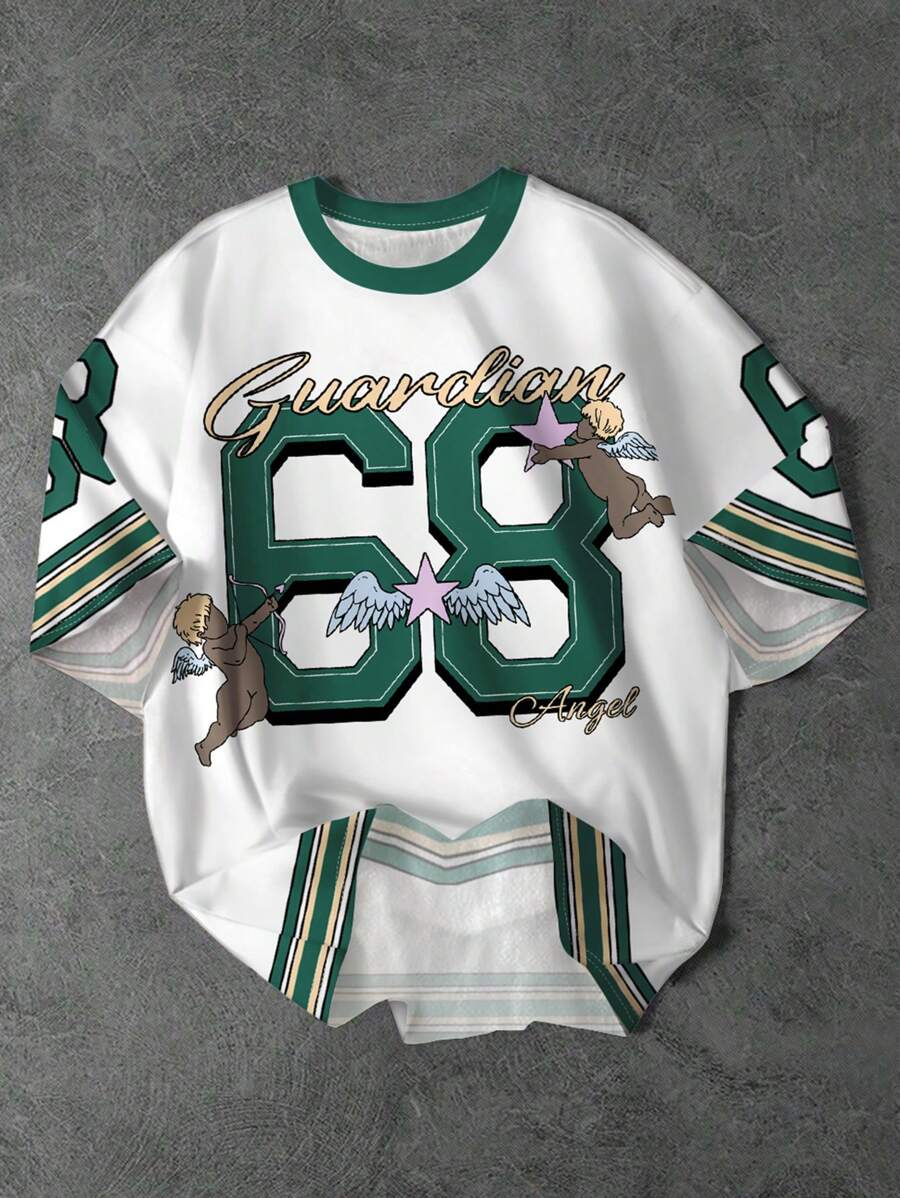 SHEIN Leap Crew 青少年男孩休闲简约数字 68 印花短袖圆领 T 恤，适合夏季 - 白色 - 查看 1