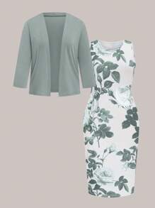 2pcs/Set Plus Size Women Floral Print Bodycon Dress & Solid Cardigan Set