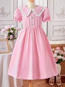 Elegant Girls Big Tween Girl Patchwork Turndown Collar Waist Cinched Short Sleeve Dress
