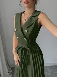 Elenzga 女士优雅香槟色双排扣无袖连衣裙，带褶边下摆，适合春季、夏季、情人节 - 軍綠色 - 查看 4