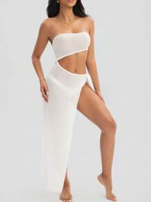 SHEIN Vestido de playa largo con lazo y diseño calado sin tirantes de un solo color para mujer en verano - Blanco - Ver 1