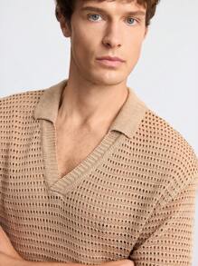 Ontre 2025 Summer Men's Solid Turndown Collar Short Sleeve Hollow Out Casual Knit Top, Business Casual Young Men Polo Sweater For Music Festival, Vacation, Daily Wear, Versatile - Khaki - View 6
