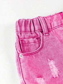 SHEIN Young Girl' Casual Versatile Wide Leg Relaxed Fit Distressed Cuff Denim Shorts - Hot Pink - View 5