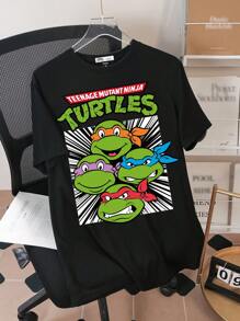 TEENAGE MUTANT NINJA TURTLES | SHEIN 男士黑色休闲图形和英文字母印花卡通 T 恤，舒适夏季 - 黑色 - 查看 1
