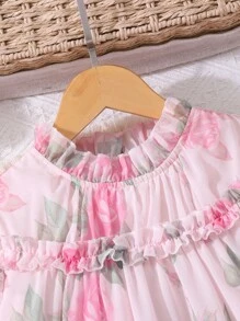 Tween Girl' Pink Chiffon Printed Cap Sleeve Patchwork Ruffle Collar Loose Dress, Elegant & , Summer,Holiday,Summer,Travel - Pink - View 4