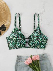 SHEIN Swim Curve 大码女式花卉印花连体细肩带性感休闲泳衣上衣，适合度假 - 綠色 - 查看 1