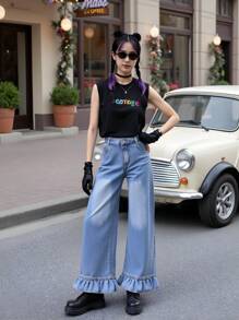 Teens Girls Loose Flared Hem Ruffled Washed Denim Jeans, Fashionable Minimalist College Style