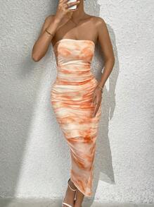 Chiquease Women's Floral Printed Ruffle Design Bodycon Strapless Dress Maxi Women Outfit - Orange - View 4