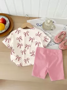 SHEIN 粉色豹纹蝴蝶结女婴休闲简约圆领短袖T恤和紧身短裤套装，适合春夏季 - 彩色 - 查看 2