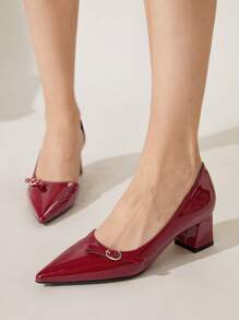 CUCCOO CHICEST 女士尖头粗跟高跟鞋，侧扣蝴蝶结设计，亮面漆皮优雅百搭高跟鞋，适合工作/通勤，红色 - 酒紅色 - 查看 6