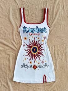 Soleia Vacation Women's Colorful Letter & Floral Print Contrast Collar Open Slit Mini Dress,Rave Outfits Festival - White - View 7