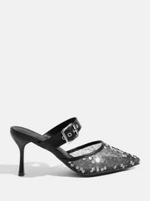 CUCCOO TILAWA Black Pointed Toe Glittery Mesh Panel Sexy High Heel Mule Pumps For Women - Black - View 4