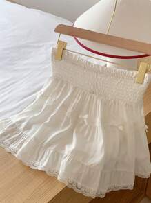 SHEIN EZwear White Mini Cake Skirt With Bow Decoration - White - View 4