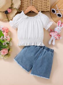2 Pieces Set Young Girl Chiffon Puff Sleeve Top And Denim Shorts - Multicolor - View 2