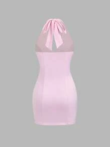 SHEIN Unity 缎面系带露背 A 字迷你连衣裙，粉色 - 粉色 - 查看 2