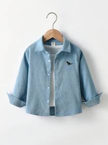 SHEIN Young Boy Casual Comfortable Long Sleeve Shirt With Embroidered Dinosaur Design, Paired With T-Shirt And Casual Pants, Suitable For Daily Casual Wear, Travel, School, All-Matching Shirt, Suitable For Autumn/Winter Getaway, Holiday, Travel, Relax, Sunbathing, Summer - Baby Blue - View 1