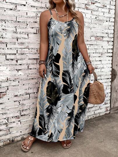 Plus Size Casual Holiday Plant Printed Spaghetti Strap Long Dress Maxi Women Outfit