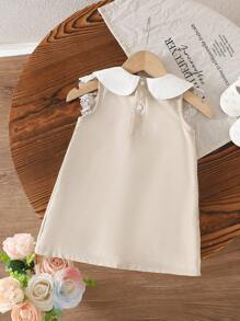 Souflis Souflis 女婴时尚休闲拼布白色蕾丝边彼得潘领连衣裙，夏季 - 卡其色 - 查看 2