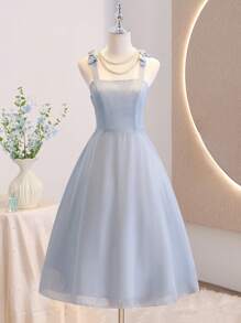 少女方领无袖细肩带蝴蝶结后背拉链优雅薄纱婚礼伴娘花童礼服 - 藍色 - 查看 7