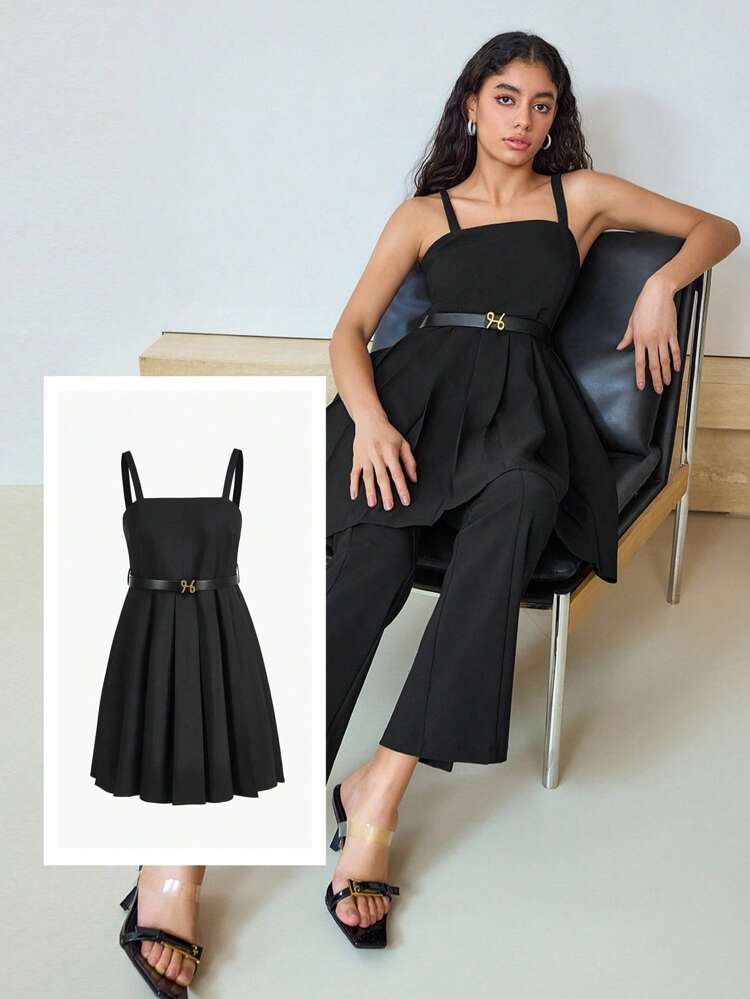 MOTF STUDIO PLEATED BELTED SHORT CAMI DRESS