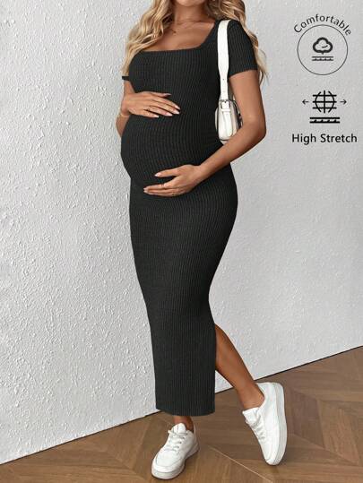 SHEIN Vestido casual de maternidad de cuello cuadrado y manga corta, de unicolor, adecuado para el verano