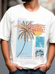 SHEIN Teen Boy Casual Fashionable Summer Coconut Tree Print T-Shirt - White - View 3