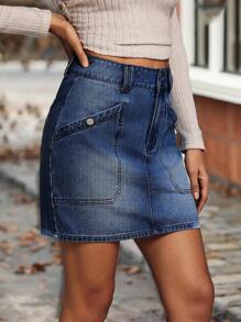 EMERY ROSE Women Side Pockets Straight Casual Denim Mini Skirt - Dark Wash - View 4