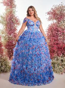 Glamrae 大码优雅花卉印花薄纱连衣裙，公主风格礼服 - 藍色 - 查看 5
