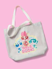 THE POWERPUFF GIRLS X SHEIN 1pc Multi-Function Reusable Fashion Handbag, Blossom, Bubbles, Buttercup Print Canvas Shopping Bag - Multicolor - View 5