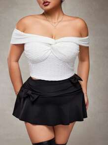 SHEIN ICON Plus Size Off Shoulder Twist Short Sleeve Top, Wedding Guest Top, Sexy Minimal Knitted Top - White - View 3