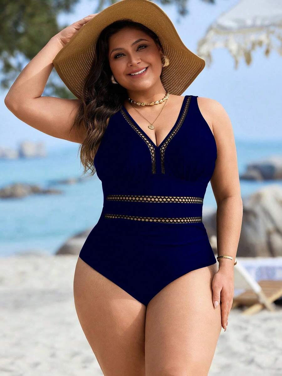 SHEIN Swim Plus Size Women Solid Color Hollow Out Waist Wrap Ruched Vacation One Piece Swimsuit For Summer