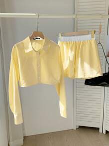 Comfortcana 女式黄色梭织条纹衬衫和短裤两件套休闲套装 - 黃色 - 查看 2