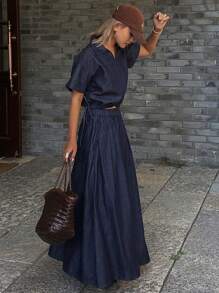 DAZY 2pcs Women Summer Waist-Cinching Polo Collar Short Sleeve Shirt & Denim Skirt Set - Dark Wash - View 7