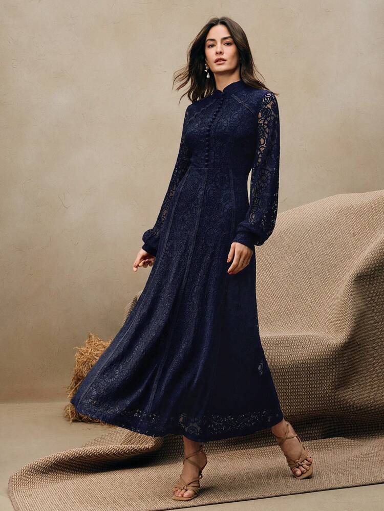 Elegant,Spring Women's Long Sleeve Lace Burgundy Dress Maxi Women Outfit