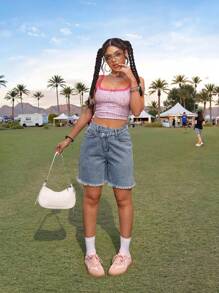 SHEIN PETITE Women's Casual Loose Denim Shorts With Oblique Placket, Blue Summer For Women Shorts For Women Concert Women Streetwear For Women