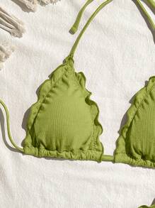 Swim Mod Women's Vacation Sexy Solid Color High Stretch Ruffle Edge Bikini Set For Summer - Green - View 3