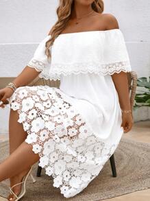 Breezaya Plus Size Women Elegant Off Shoulder Ruched Waist Contrast Lace Dress - White - View 7