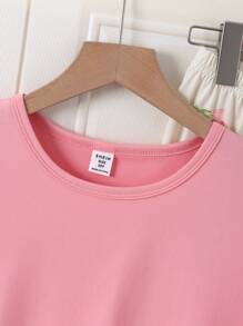 2 件套青少年女孩简约时尚新款纯色圆领短袖上衣和碎花裤套装，舒适休闲睡衣 - 粉色 - 查看 5