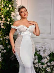 Glamrae 大码优雅露肩美人鱼亮片串珠婚纱，带贴花领，适合婚礼、新娘 - 白色 - 查看 2