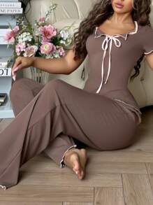 休闲撞色短袖上衣和裤子女士睡衣套装