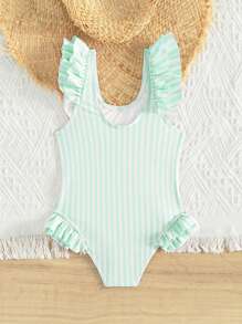 Baby Swimsuit, Stripe Pattern Random, Flounce Edge, One-Piece - Multicolor - View 2