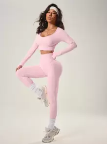 SHEIN Dewbera Bộ đồ thể thao ngắn dài & áo phông và quần legging tập luyện cho nữ Bộ đồ tập legging cho nữ Bộ đồ tập gym cho nữ - Hồng - Xem 4