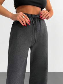 SHEIN Women Solid Color Tie Front And Pocket Detailed Wide Leg Sweatpants - Dark Grey - View 3