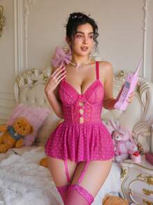 PetitDoll 3pcs Set: Lace Embroidery Sheer Lingerie Bodysuit + Stockings For Ladies For Going Out - Hot Pink - View 7