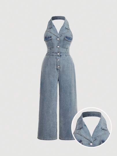 SHEIN MOD Plus Size Blue Denim Jumpsuit Halterneck Design Straight Pants Summer Jumpsuit Old Money Style Retro Outfit