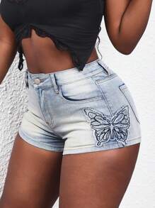 SHEIN Slayr 时尚刺绣女式牛仔短裤 - 藍色 - 查看 6