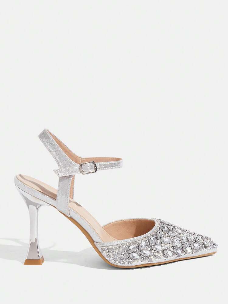 CUCCOO TILAWA Women's Silver Pointed Toe Crystal Embellished Luxury Formal Wedding Party Stiletto Mule Pumps For Christmas