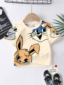 SHEIN Super Cats Baby Boy Casual Cartoon Cat & Rabbit Pattern Loose Fit Round Neck Short Sleeve T-Shirt, Suitable For Summer